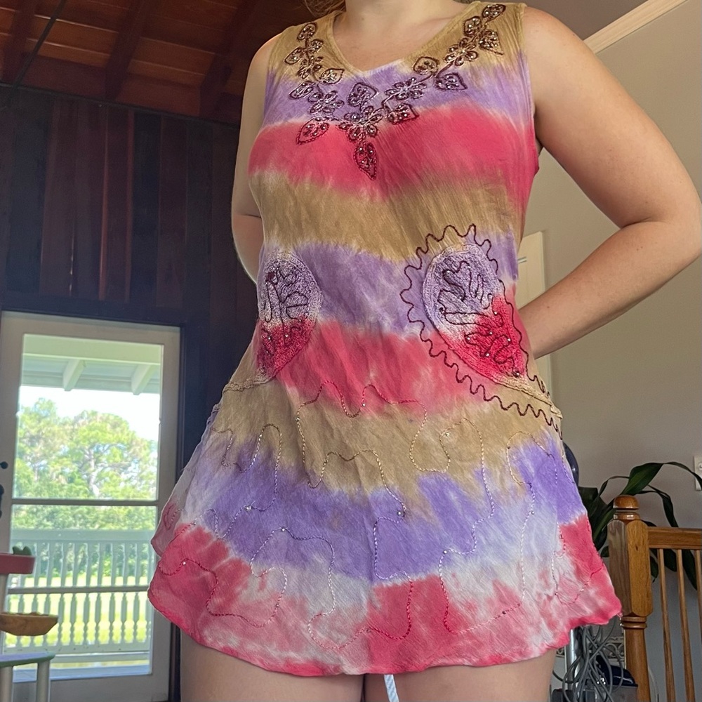 Vintage Tie-Dye embroidered beaded babydoll a-line midi asymmetrical flowy Dress
